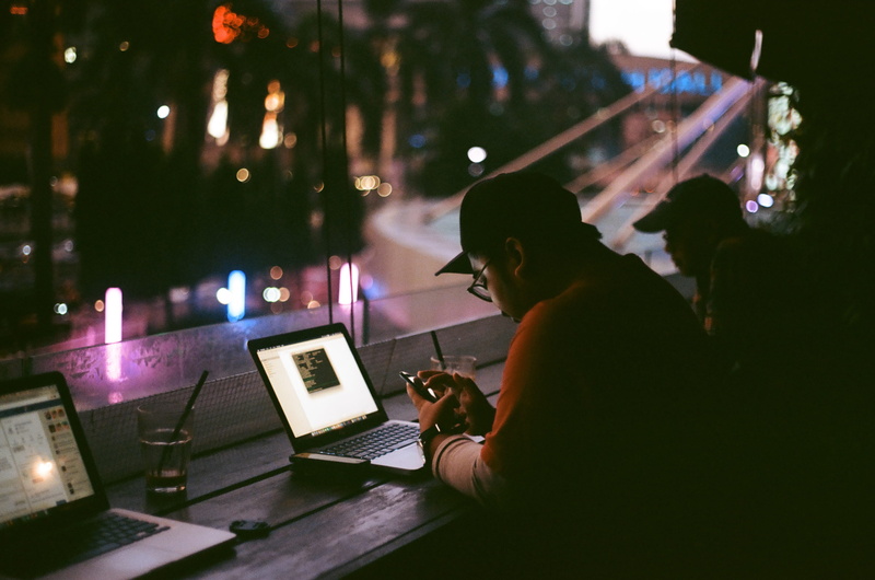 computer, connection, adult, wireless technology, facing, dark, outdoors, sound mixer, android, one person, illuminated, listening, club dj, black and gray