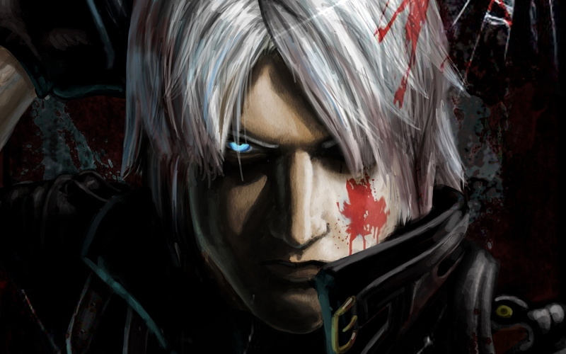 1080P, Blue Eyes, Dante (Devil May Cry), White Hair, Blood, Devil May Cry, Close-Up, Glowing Eyes