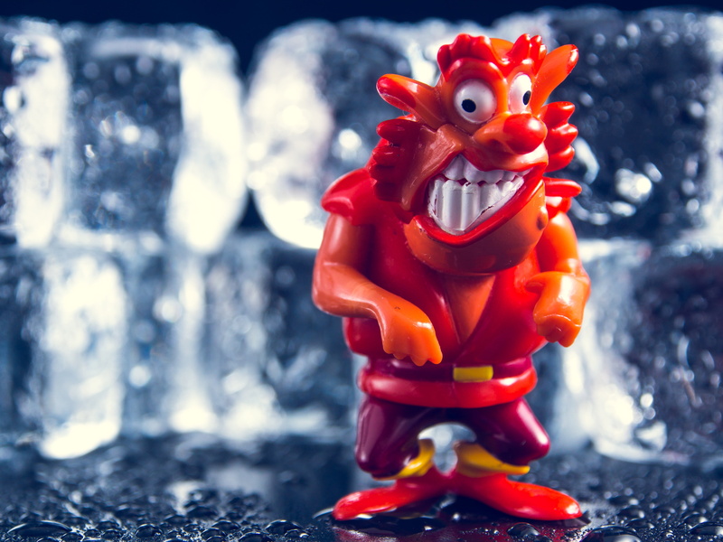 close-up, mini, closeup, liquid, reflection, red, craft, evil, light, winter, figure, white, frozen, miniature, focus on foreground, indoors, devil, art and craft