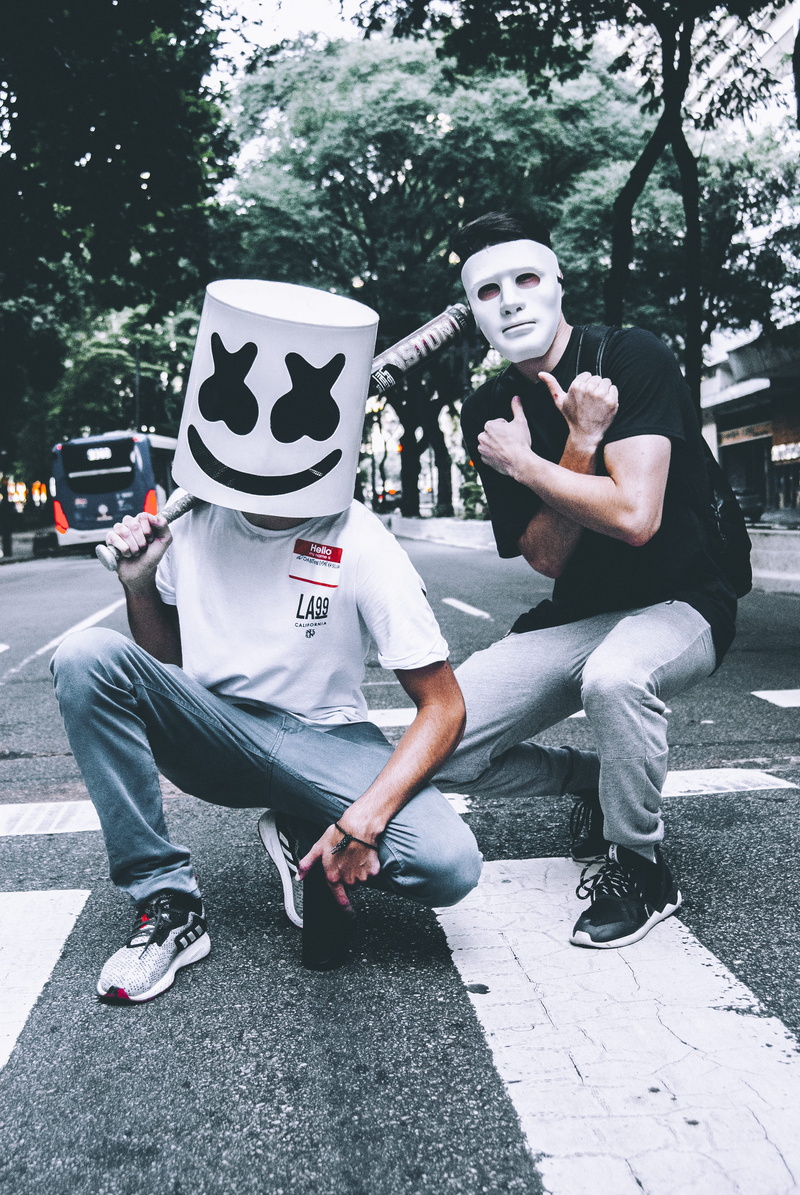 disguise, baseball, outdoors, full length, mask, two people, day, 4K, men, man, wearing, obscured face, standing, street, white, male, front view, city