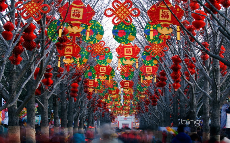 bing, new, city, chinese, built structure, trees, outdoors, celebration, tree, red, group of people, crowd, festival, 1080P, architecture, decoration