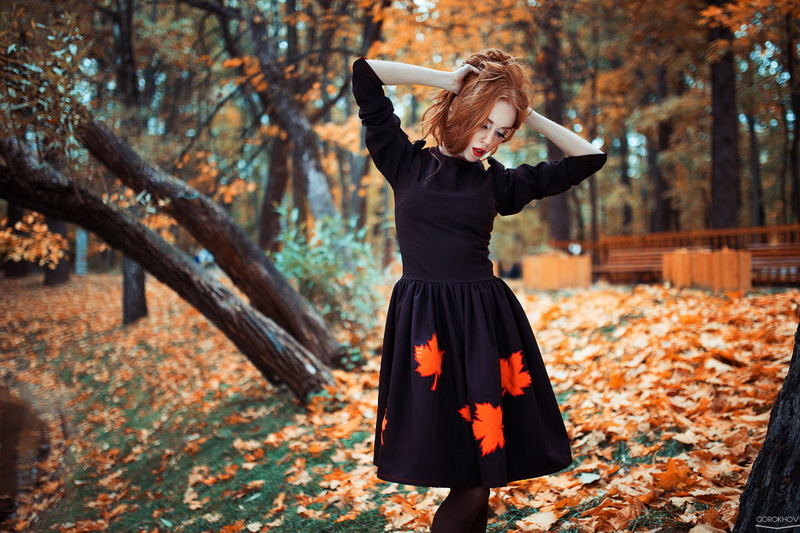 2013 (Year), leaf, Ivan Gorokhov, beautiful woman, change, young adult, adult, outdoors, land, dress, human arm, hairstyle, 1080P, hair, one person, fall