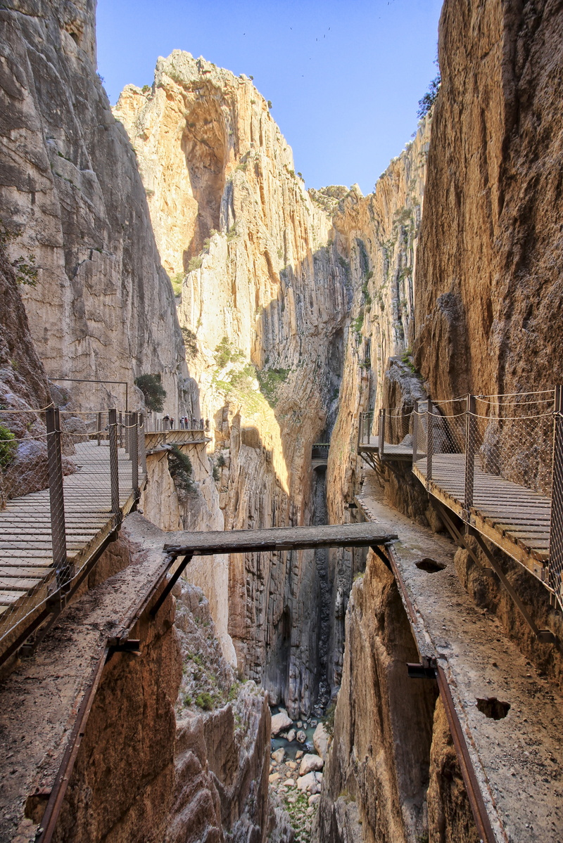 rock, transportation, rocky mountains, scenics - nature, wall, brown, bridge, day, wooden, mountains, height, vertigo, landscape, no people, clear sky