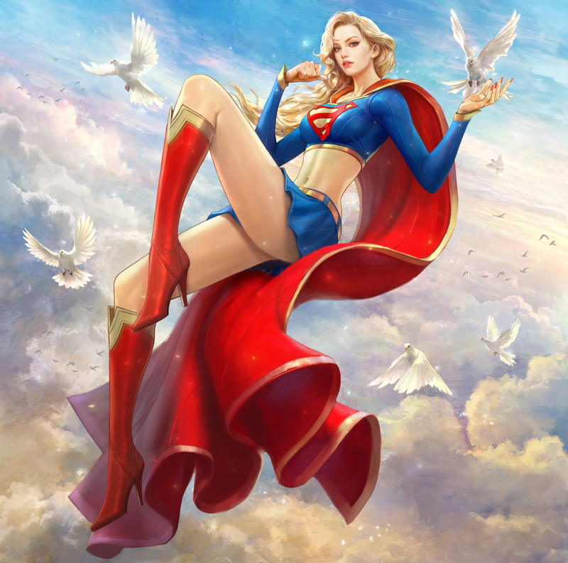 blonde, floating, painted nails, red nails, 2K, skirt, drawing, DC Comics, cape, red clothing, sky, Kim Sung Hwan, pigeons, blue clothing, high heels