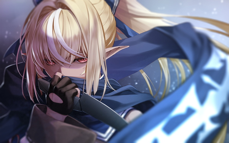 knife, red eyes, looking at viewer, anime girls, black gloves, Hololive, anime, long hair, elf ears, blonde, Shiranui Flare, 1080P, scarf, yellow hair