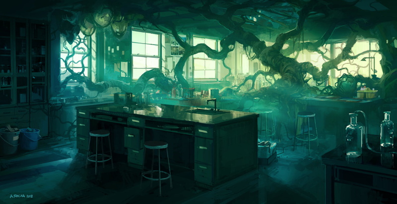 bottles, school, 1080P, twigs, table, chair, Andreas Rocha, nature, laboratories, trees, trash