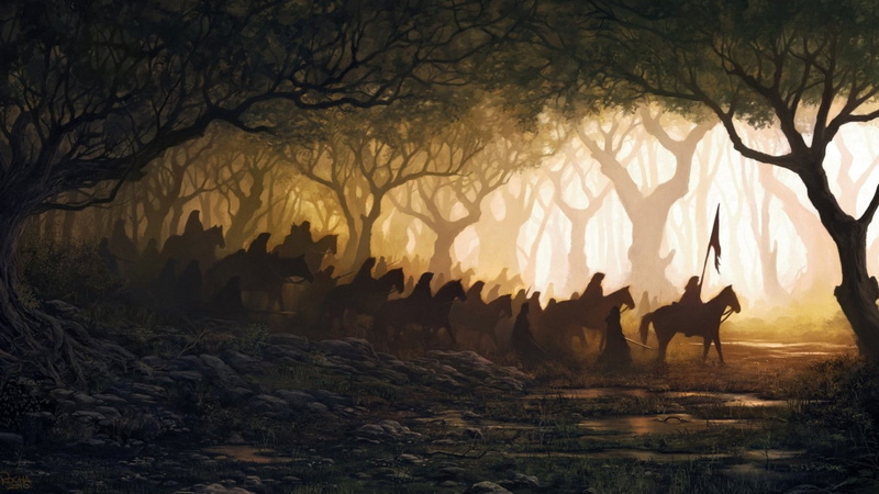 fantasy, rocha, flags, 1080P, andreas, hd, artwork, forest, art, Trees, animals, horses
