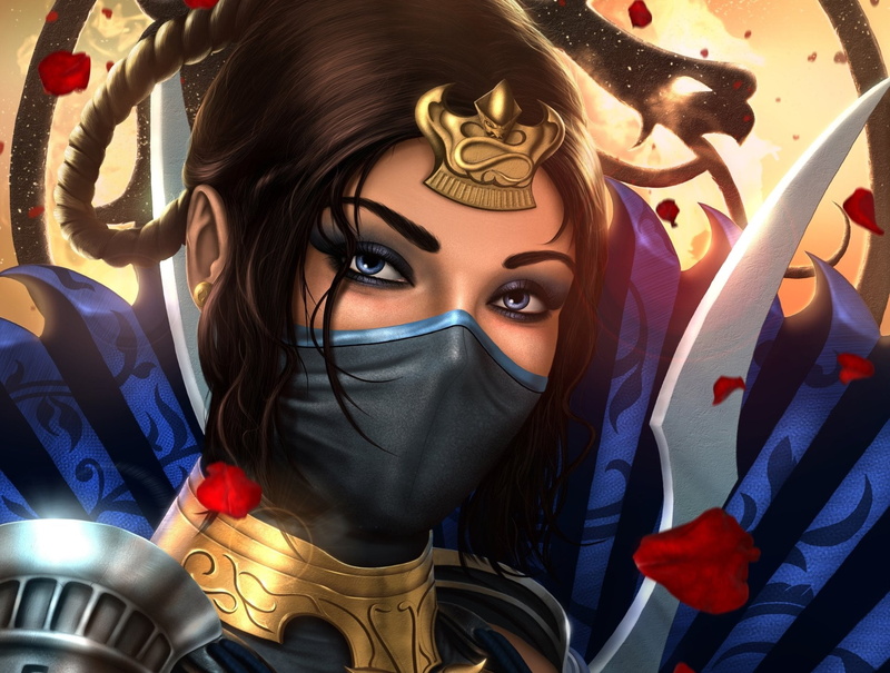 young women, looking at camera, indoors, one person, front view, Kitana (Mortal Kombat), close-up, 1080P, headshot, real people, Mask, young adult, Girl