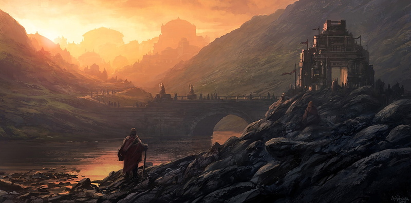 sunrise, hills, the city, 1080P, Andreas Rocha, bridge, stones, landscape, art, castle, river, people