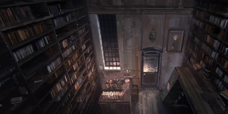 1080P, window, digital art, books, Andreas Rocha, bookshelves, bookstore, mask, painting