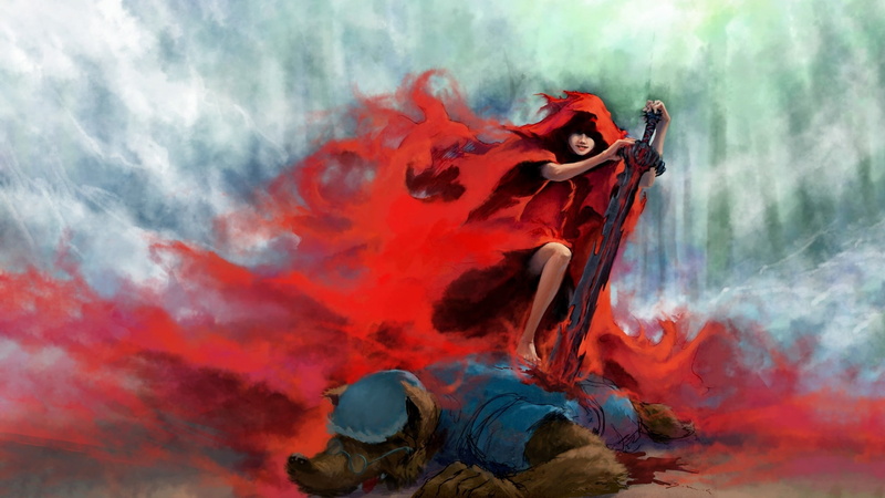 artwork, fantasy girl, fantasy art, Little Red Riding Hood, blood, Bad Wolf, 2K