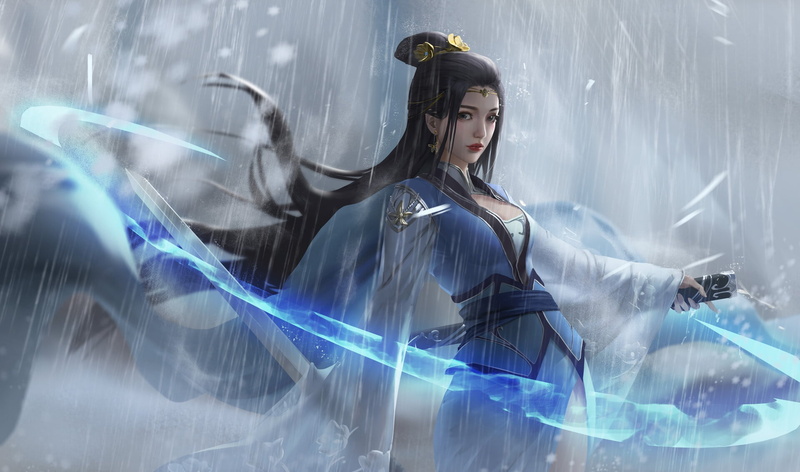 Black Hair, Women Warrior, Sword, Long Hair, Fantasy, Asian, Woman Warrior, Rain, 1080P, Girl