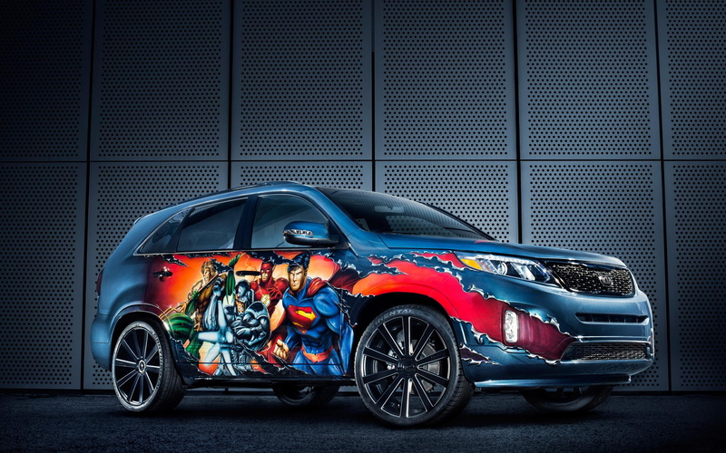 marvel, blue, suv, cars, 2K, kia, superhero, league, justice, sorento, red, 2013, print
