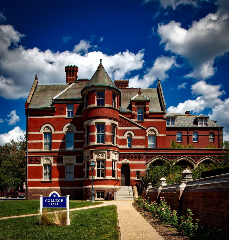 sky, sunlight, college, landmark, residential district, washington dc, hdr, grass, college hall, hall, luxury, colleges, arch, gallaudet university, cloud - sky