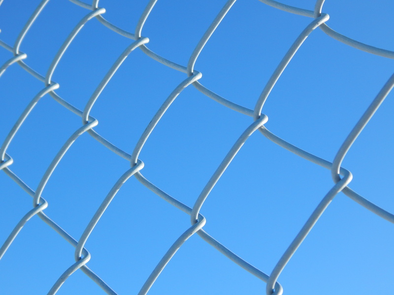 chainlink fence, blue background, cage, grid, connection, chain-link, chainlink, steel, blue, metallic, day, 4K, chain, sky, protection, gray, no people