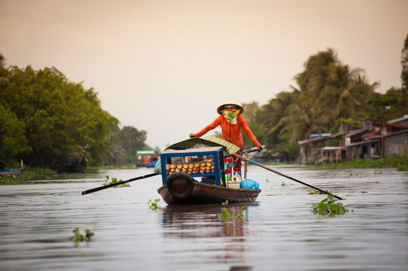 tree, Soc Trang, adults only, one person, riding, boat, 1080P, sky, mode of transportation, Floating Market, river, transportation, plant, men, person