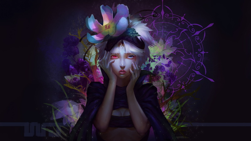 1080P, studio shot, contemplation, Fremy Speeddraw, nature, purple, make-up, dark, front view, black background, flower, young women, Anime, women, young adult