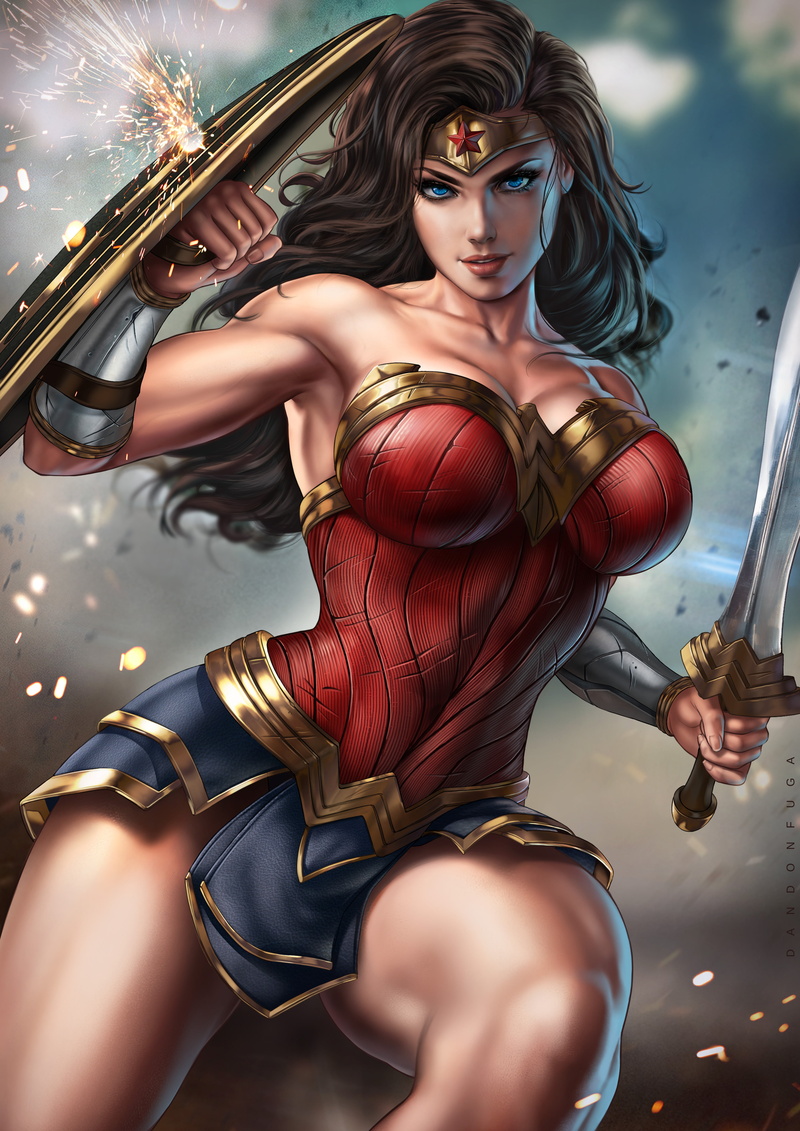 fan art, tiaras, dandon fuga, parted lips, drawing, warrior girls, 4K, superheroines, DC Comics, bare shoulders, sword, brunette, 2D, illustration, Wonder Woman