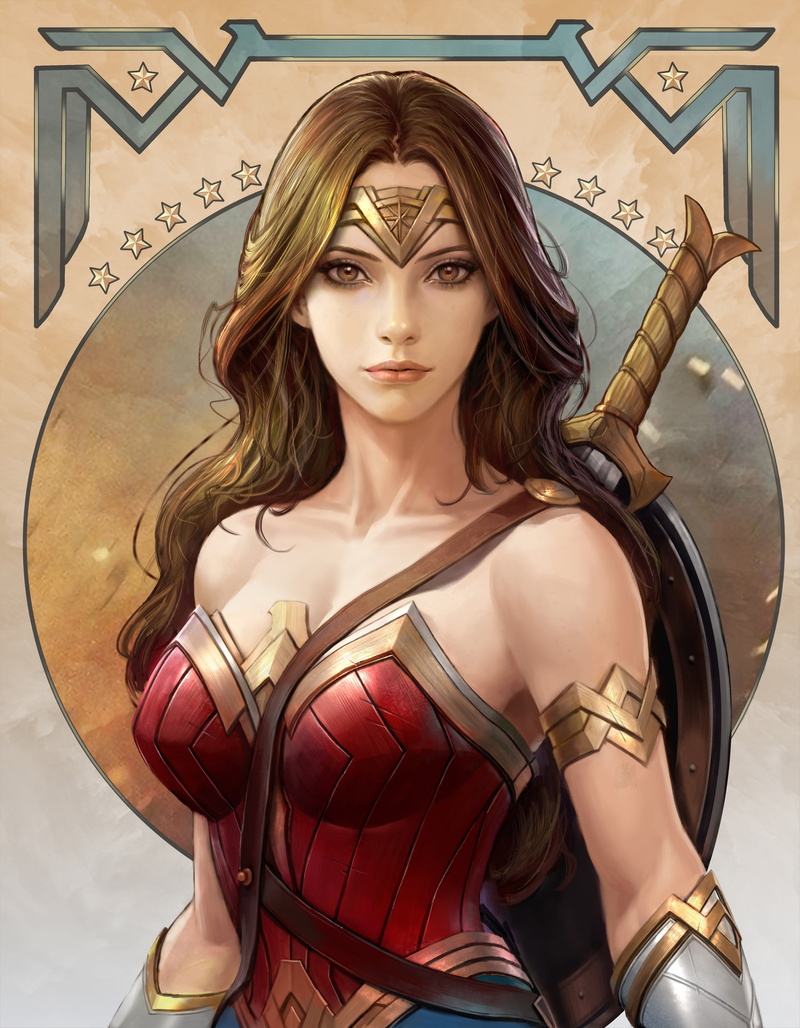 shield, drawing, tiaras, 2K, weapon, brunette, Kim Sung Hwan, Wonder Woman, sword, DC Comics, warrior
