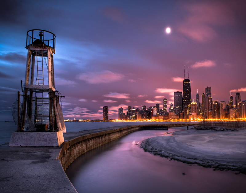 metal, chicago, Sunrise, tower, famous Place, architecture, North Avenue, skyscraper, Chicago  IL, night, watch tower, Pier, cityscape, high rise building
