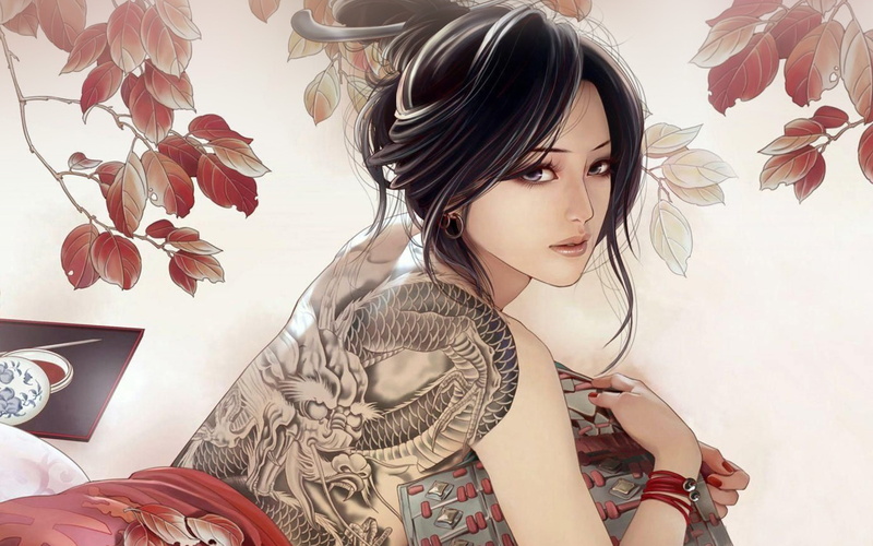anime, tatoo, hairstyle, indoors, young adult, girl, real people, women, standing, pattern, illustration, one person, portrait, young women, floral pattern