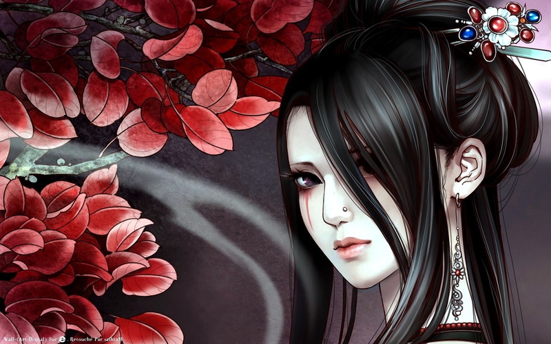 black, 720P, girl, anime, long hair, tatoo