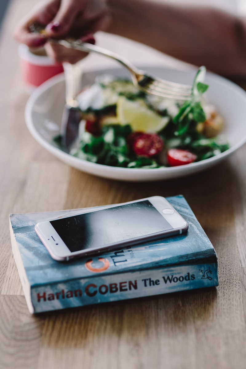 wellbeing, indoors, eating, mobile phone, healthy eating, bowl, book, plate, wood - material, close-up, breakfast, food, Woman, selective focus, freshness
