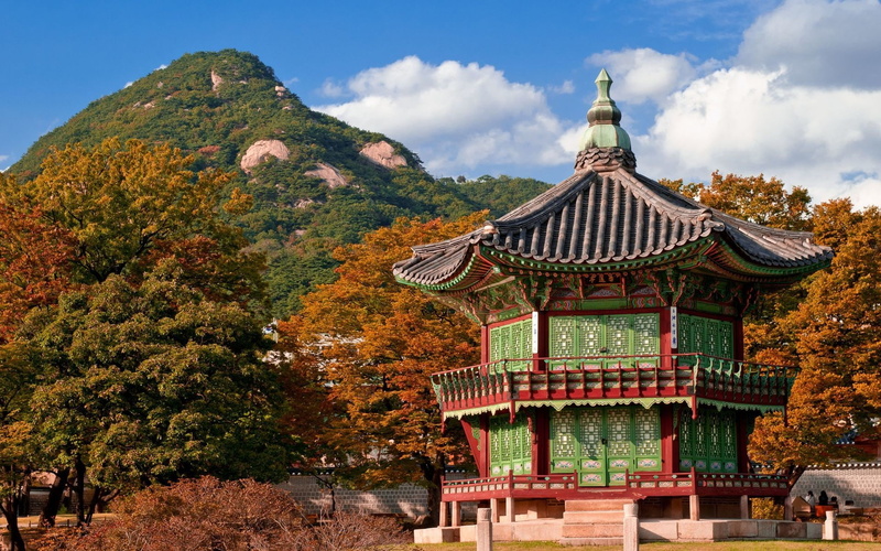 green, Pagoda, Korea, South, Park, 1080P, House, red, Mountain, Travel, Trees