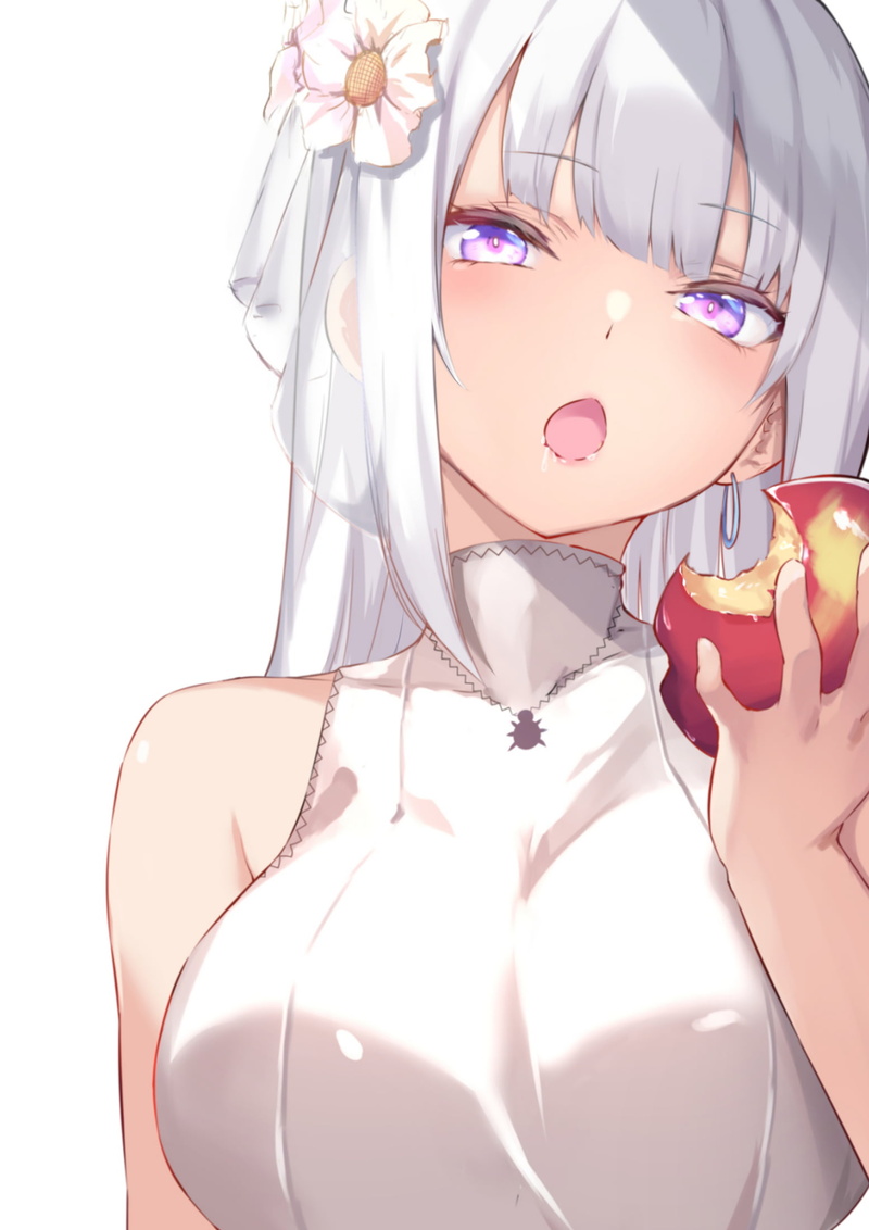 anime, blush, 1080P, open mouth, saliva, pink eyes, looking at viewer, saliva trail, white hair