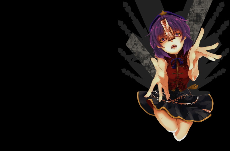 scars, undead, purple, hats, yoshika, eyes, hair, background, miyako, 1080P, black, simple, ribbons, dark, ofuda, clothes, chinese, touhou, saliva, skirts