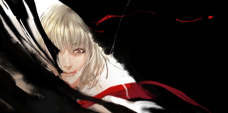 video, hair, licking, games, brown, ribbons, saliva, tongue, anime, 1080P, darkness, lips, touhou, faces, rumia, eyes, short, bangs, girls, blondes