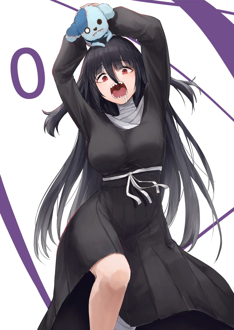 black dress, Zombieland Saga, numbers, 2D, 4K, fan art, big boobs, hair in face, solo, bangs, thighs, shark teeth, standing, zombies, anime, red eyes