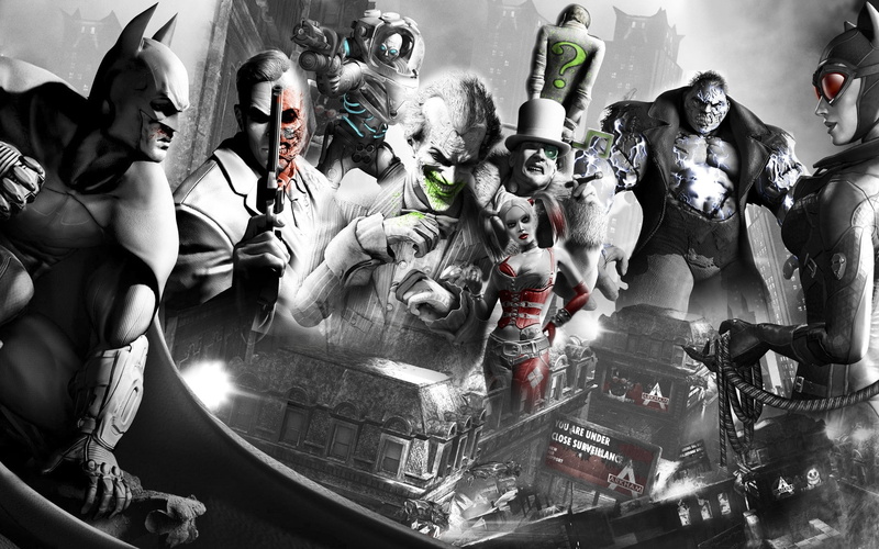 art, red, monochrome, 1080P, games, superheroes, Video Games, grayscale, hd, whips, mon, Batman, villains, guns, video, catwoman, joker, harley, quinn