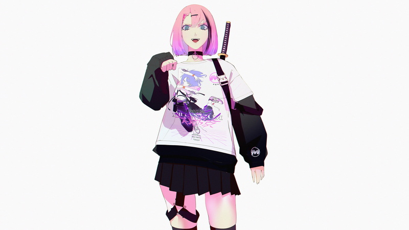 Vinne, skirt, simple background, pink hair, 4K, blue eyes, choker, anime, thigh-highs, sword, long sleeves, anime girls, original characters, digital art