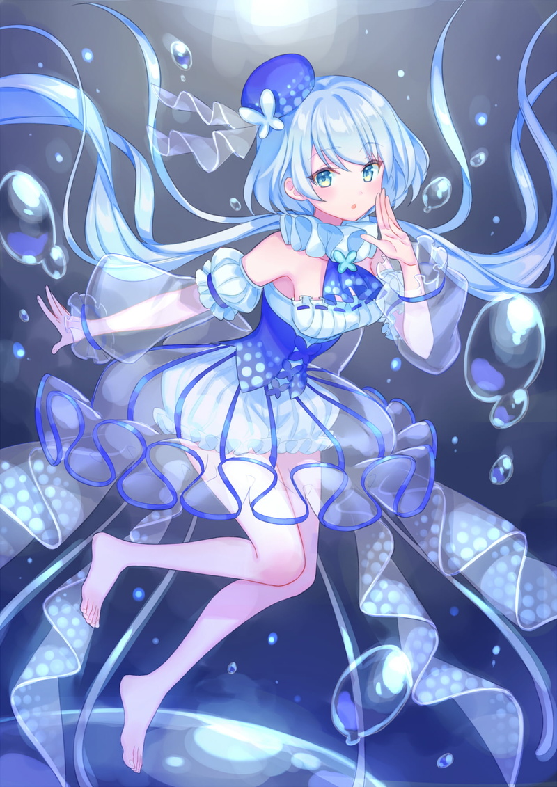 water, legs, anime girls, vertical, digital art, short hair, portrait display, dress, hat, 1080P, artwork, anime, long hair, blue hair, feet, original