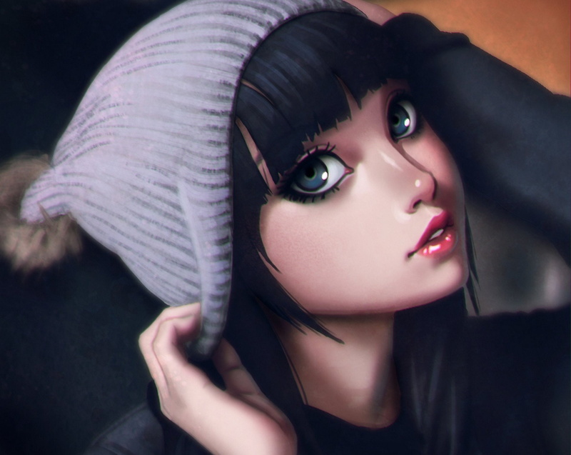 blue, art, lips, Young, Wear, Beauty, hand, look, hat, Pink, grey, cute, brunette, Beanie, girl, 1080P, eyes, Up, anime, Big, Wearing