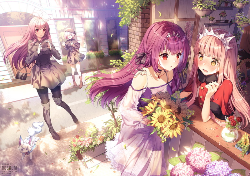 flowers, pink hair, white hair, hat, long hair, artwork, portrait, purple hair, blue eyes, short hair, anime, dress, red eyes, roses, skirt, open mouth