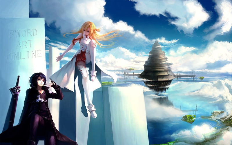 beautiful, sky, blue, hair, character, big, sword, long, anime, series, 720P, online, girl, island, art, cloud