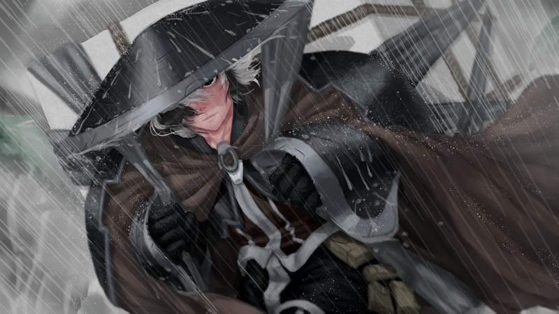 anime girl, hat, anime, manga, digital art, 4K, Samurai, cape, artwork, rain, character