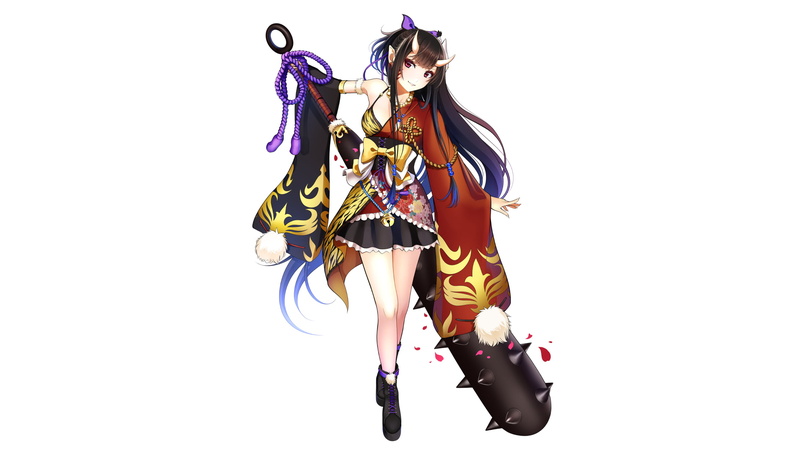 weapon, white background, demon girls, smiling, women, 1080P, artwork, simple background, illustration, dark hair, original characters, fantasy girl, digital art