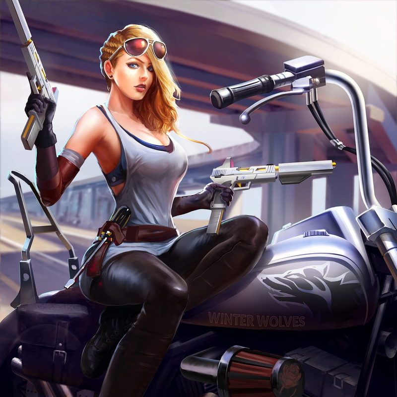 digital art, blue eyes, fantasy, 1080P, fantasy girl, weapons, Girl, blonde, motorcycle, guns, futuristic, artwork, sunglasses, fantasy art