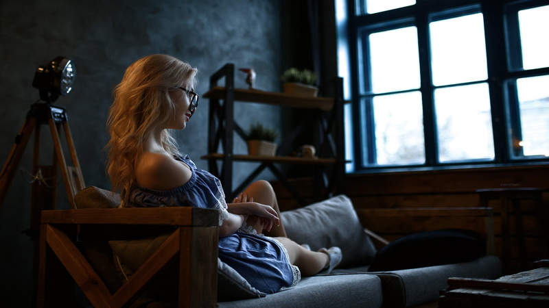 blond hair, hairstyle, indoors, adult, blonde, portrait, contemplation, casual clothing, long hair, beautiful woman, young adult, couch, young women, women