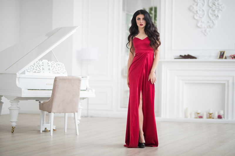 looking at viewer, dress, Kristina Romanova, women, high heels, Dmitry Sn, indoors, brunette, 1080P, room, red dress, standing, Dmitry Shulgin, portrait