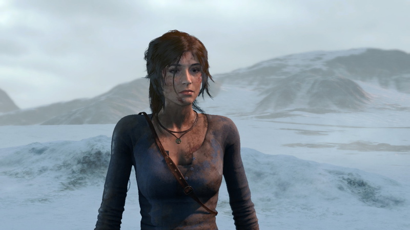 Rise of the Tomb Raider, front angle view, 1080P, pink lipstick, brunette, necklace, Lara Croft, winter, scars, brown eyes, looking into the distance