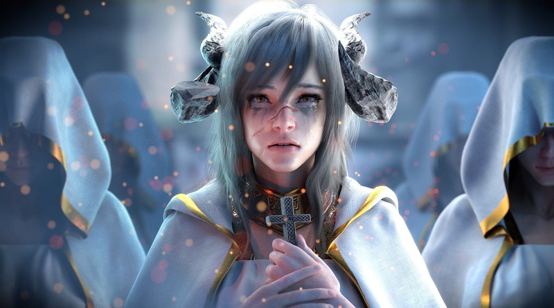 demon, eyes, hair, tears, scar, cross, grey, orange, girl, horns, woman, 1080P