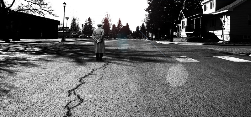 town, person, wearing, transportation, urban, cracked, crossing, photography, asphalt, sunlight, tree, outdoors, built structure, alone, black and white
