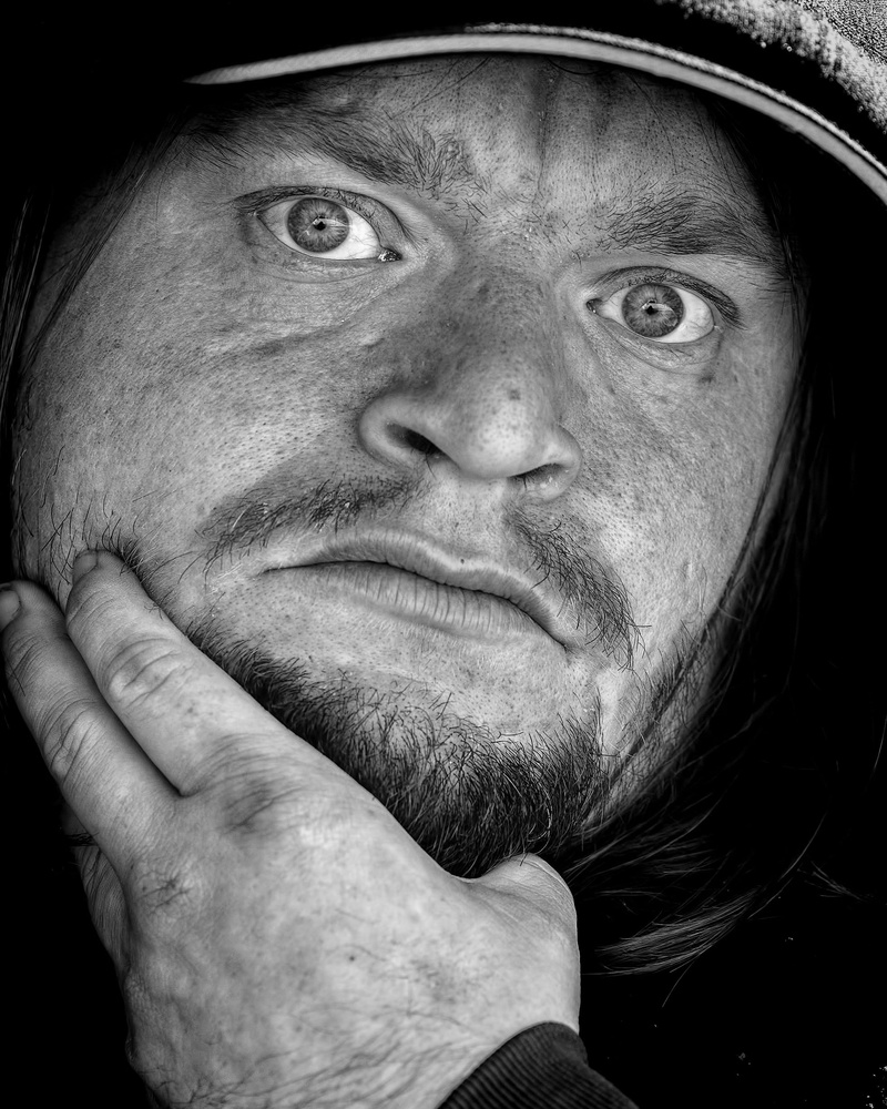 city, real people, headshot, homeless, poverty, services, volunteer, portrait, lifestyles, outreach, homelessness, leisure activity, contemplation, grayscale