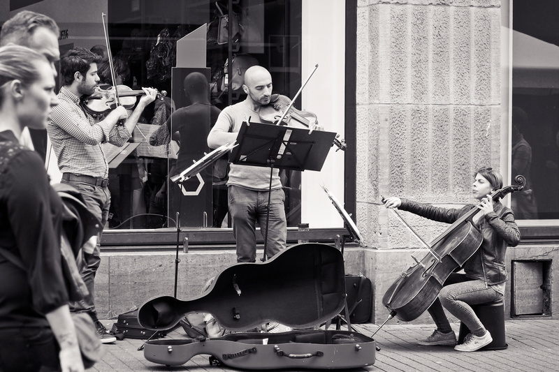 people, black white, old town, playing, day, 4K, arts culture and entertainment, street musicians, musical instrument, black and white, group of people