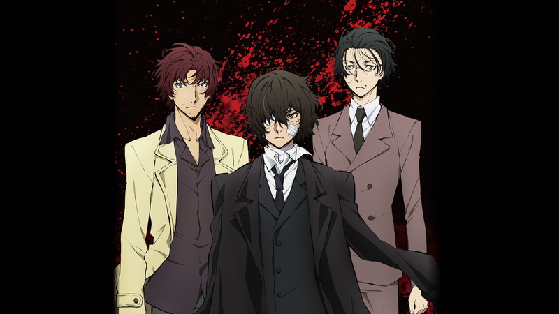 suit, indoors, menswear, Sakunosuke Oda, business, three, people, front view, studio shot, Bungou Stray Dogs, male likeness, celebration, Osamu Dazai, Anime