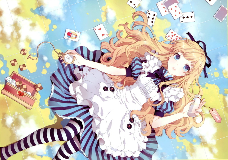 2K, blue eyes, apron, Nardack, Alice, ruffles, striped stockings, watch, card, box, art, Lord of Vermilion